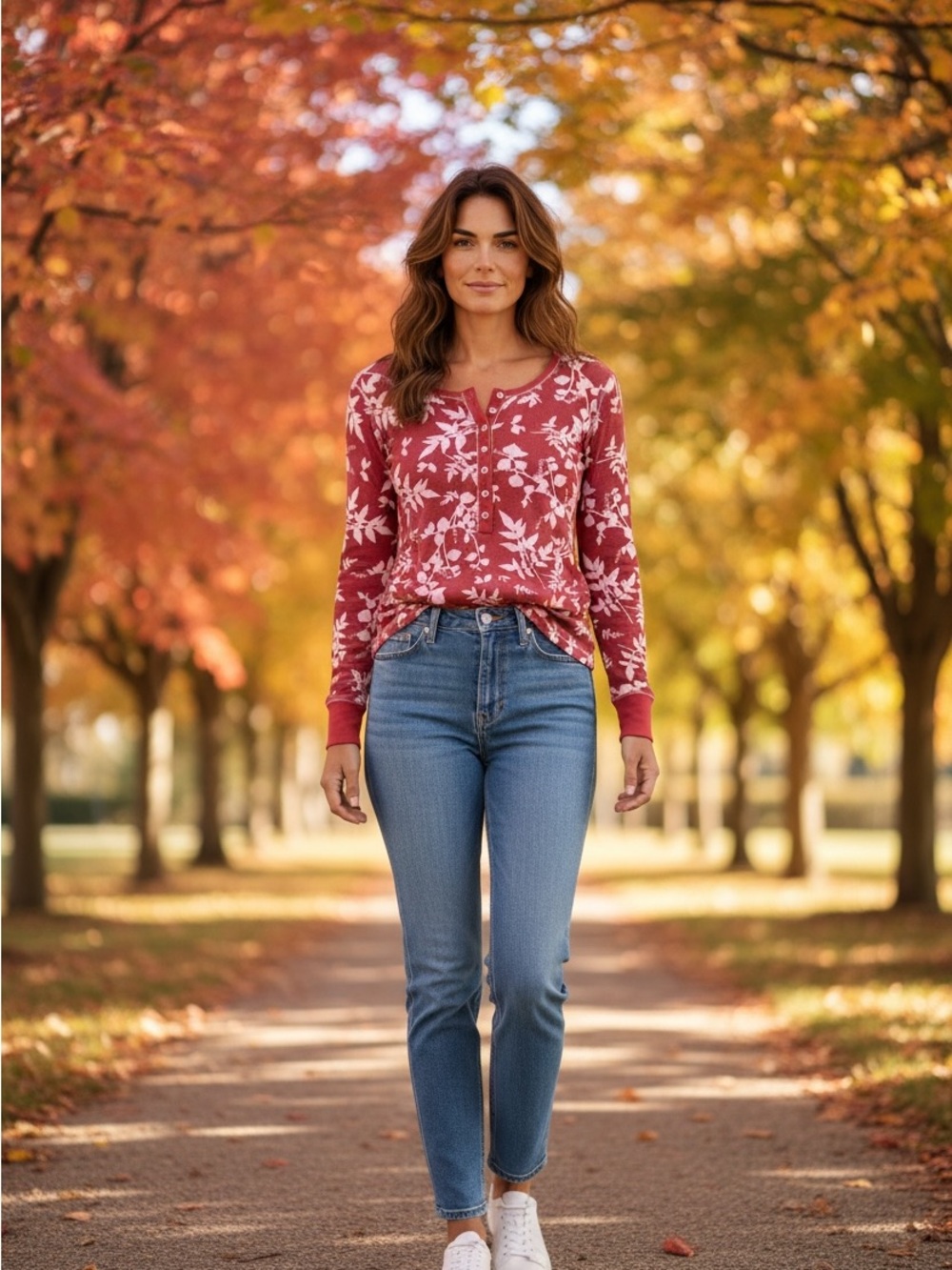 Basic Editions Rust Red Floral Henley Top